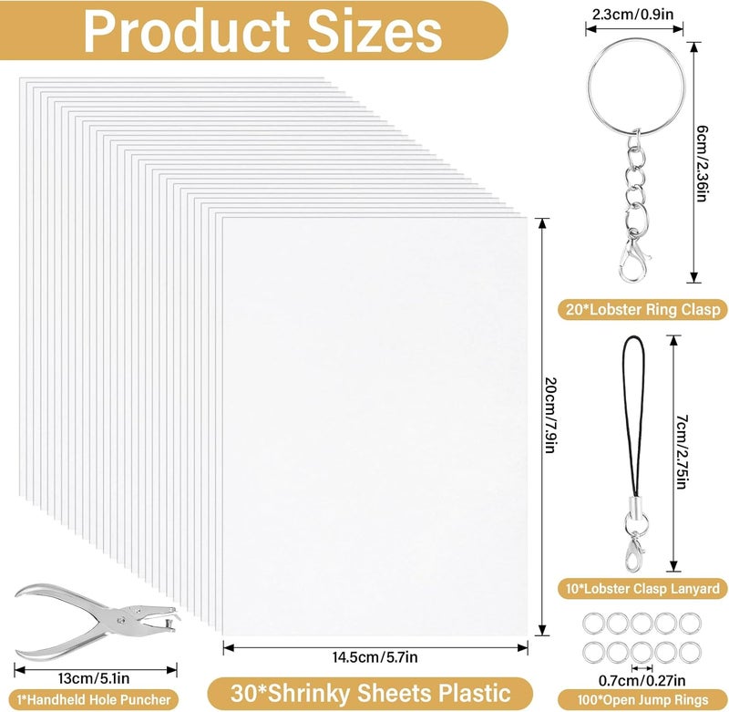 CRTWDMAN 161 Pcs Shrink Paper Keychain Kit,with 30 Pcs Shrinky Plastic Sheets 7.9"x5.7",Hole Punch,Lobster Clasps,Jump Rings DIY Crafts for Adults and Teens - Image 2